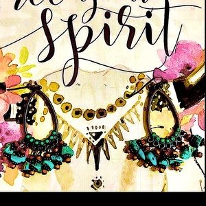 TURQUOISE STONE EARRINGS ON LONG BRASS TEAR DROPS & FRENCH WIRES WESTERN COWGIRL